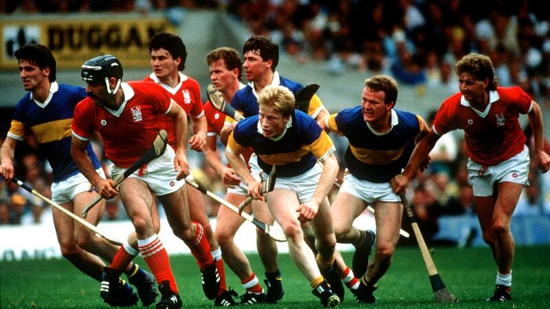 Action from the Munster Hurling Final between Tipperary and Cork at Semple Stadium on July 12th, 1987.Photograph:  Billy Stickland/Inpho