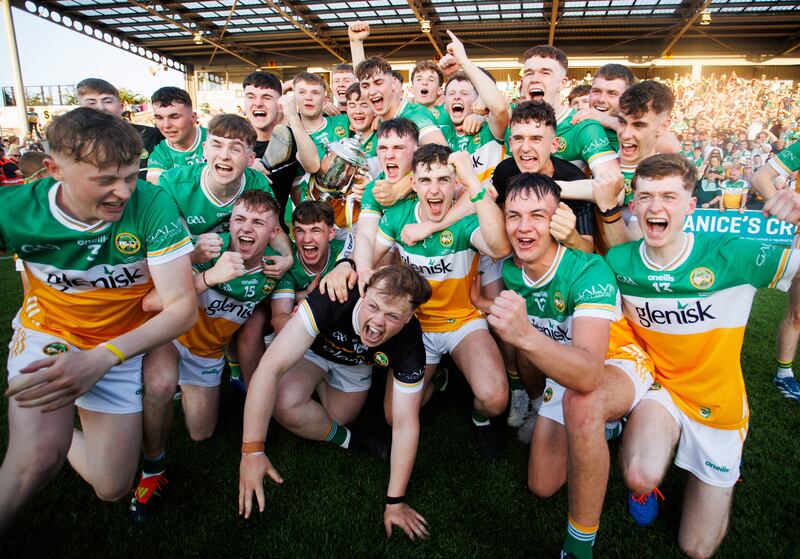 Offaly celebrate winning the 2024 under-20 All-Ireland hurling title. Photograph: Tom Maher/Inpho