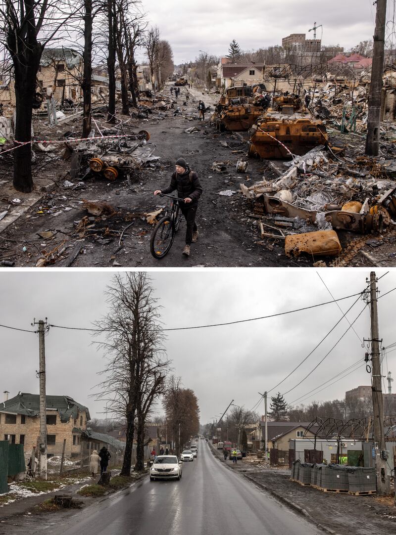 Top: A man pushes his bike through debris and destroyed Russian military vehicles on Vokzal'na Street, Bucha, in April 2022. Photograph:  Chris McGrath/Getty Images

Bottom: Cars drive on Vokzal'na Street this year. Photograph:  Roman Pilipey/Getty Images