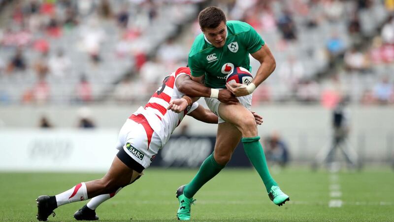Jacob Stockdale in action for Ireland during the Test match against Japan at the  Ajinomoto Stadium in  Tokyo in June 2017. Photograph: Ryan Byrne/Inpho