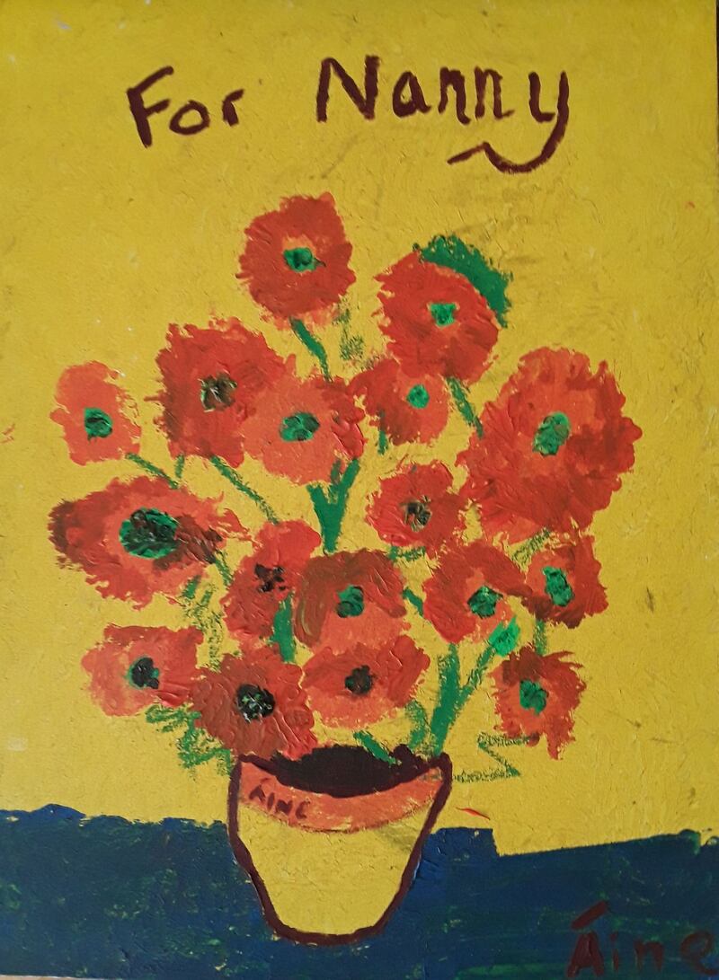 Áine McPolin. I painted this for my nanny, who is in hospital.  Grandad couldn’t visit for their 50th wedding anniversary, on April 1st. It was Nanny's birthday on April 14th. I painted her these sunflowers and have sown sunflower seeds, and I hope I can give her the flowers and painting soon. Nanny loves flowers, and I painted her a small picture of  daffodils for Easter, as we wouldn't see her this year. I really hope that we can all go to Donegal soon and see Nanny and Grandad
