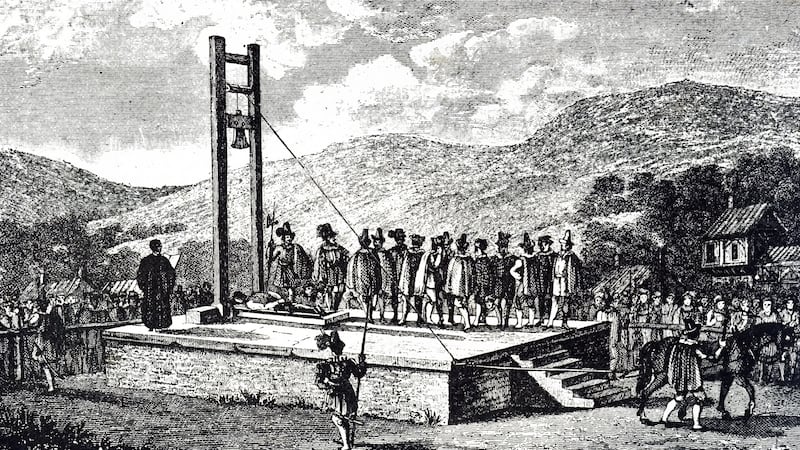 Engraving depicting the Halifax Gibbet, an early guillotine, or decapitating machine, used in the town of Halifax, West Yorkshire, England. Dated 17th century. Photograph:  Universal History Archive/Universal Images Group via Getty Images
