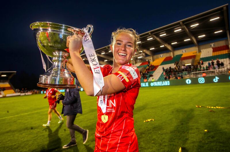 Jessie Stapleton celebrates with the FAI Women's Cup at Tallaght Stadium, Dublin. Photograph: Inpho/Ryan Byrne