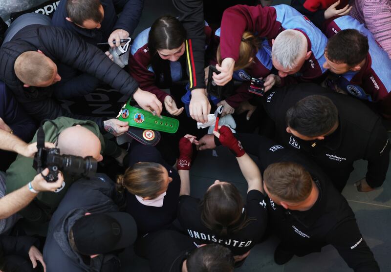 The Irish boxer was mobbed by fans as she tried to leave. Photograph: Alan Betson/The Irish Times

