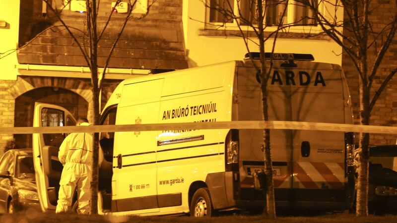 Gardaí at the scene at Parsons Court, Newcastle, Co Dublin where the bodies of the three McGinley children were found. Photograph:  Damien Eagers.