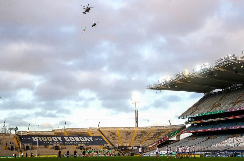 The Irish Tricolour  is flown over Croke Park by Air Corp helicopters ahead of the throw-in. Photo: Ryan Byrne
