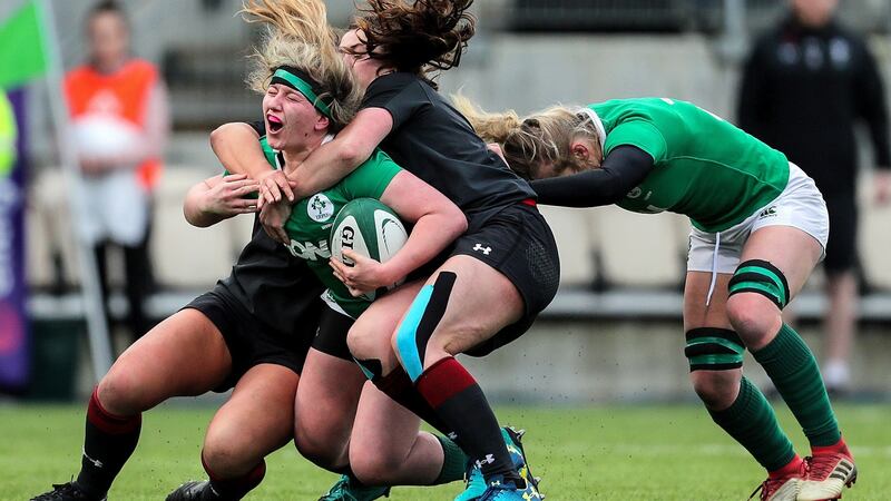 Ireland’s Emma Hooban is tackled during the international friendly against Wales at Energia Park in Donnybrook. Photograph: Laszlo Geczo/Inpho