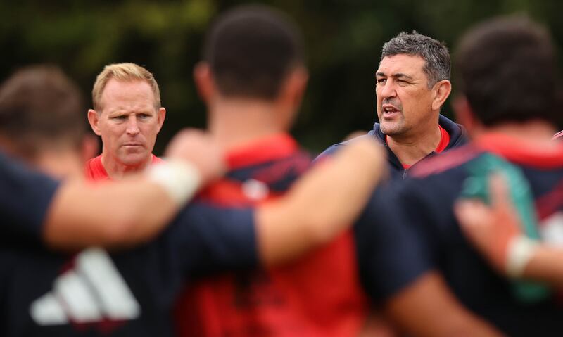 Munster assistant coach Mike Prendergast (left) and head coach Clayton McMillan (right). Photograph: Ryan Byrne/Inpho