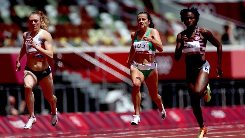 Ireland’s Phil Healy finishes fifth in her heat of the 200m at the Tokyo Olympics. Photograph: James Crombie/Inpho