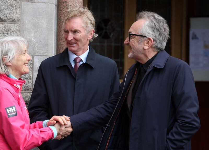 Peter Vandermeersch (right), publisher and member of the Mediahuis Ireland executive committee at the funeral. Photograph: Colin Keegan/Collins
