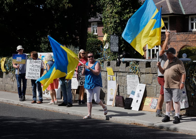 Long-term protesters against the Russian invasion of Ukraine outside the Russian embassy on Orwell Road. Photograph: Alan Betson