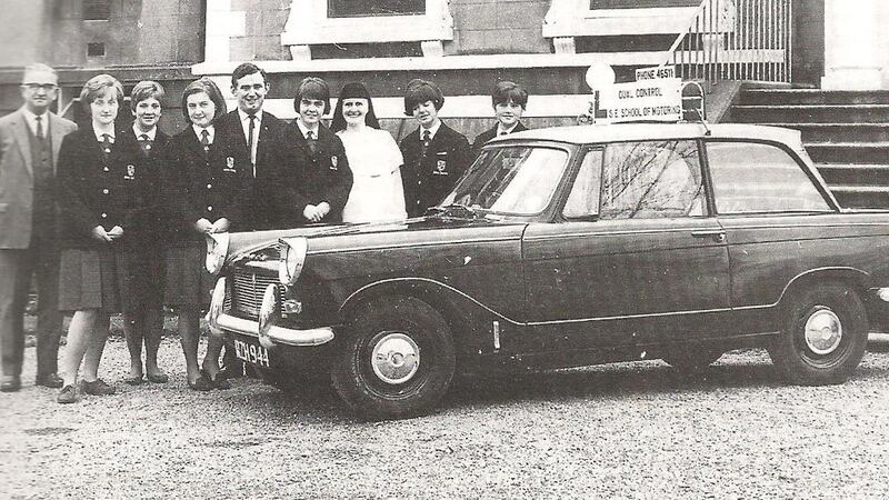 Sr Barnabas aka ‘Barny’ with staff and pupils at Muckross Park College. She organised driving lessons for sixth-year pupils in the 1960s