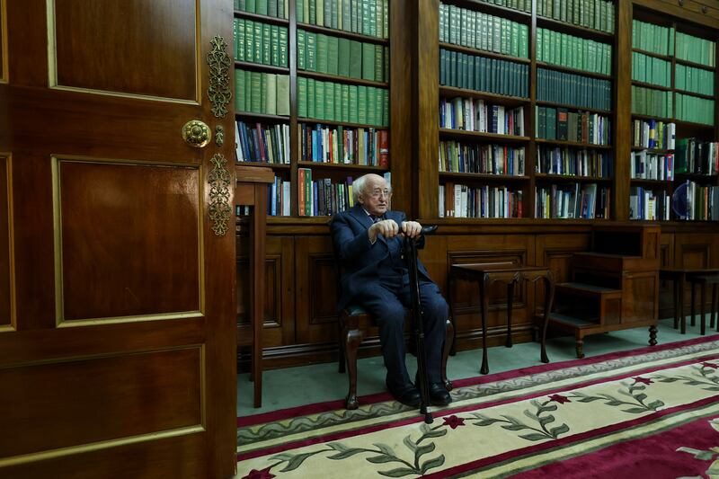 Michael D Higgins sits in the study in Áras an Uachtaráin prior to leaving the residence for the last time as president on Monday. Photograph: Tony Maxwell