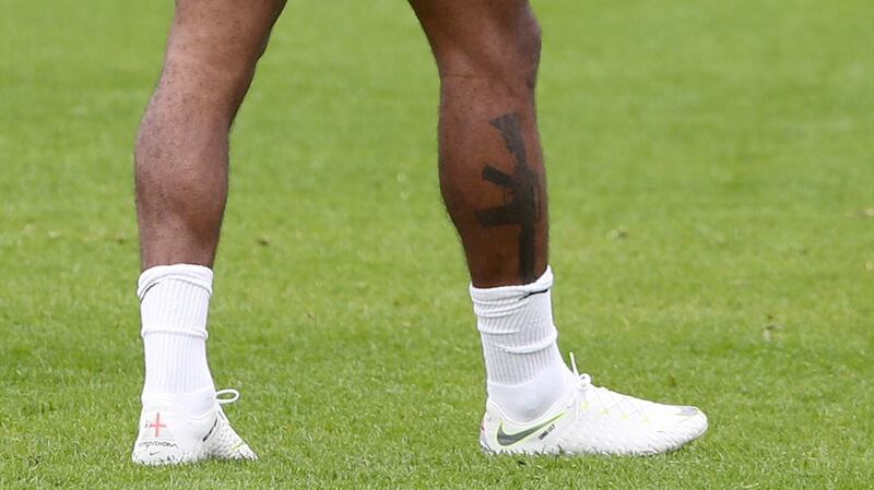 A view of the tattoo on Sterling’s leg. Photo: Nick Potts/PA Wire