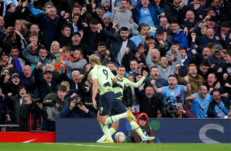Manchester City's Phil Foden celebrates scoring a goal which was later disallowed during the defeat to Liverpool at Anfield. Photograph: Peter Byrne/PA