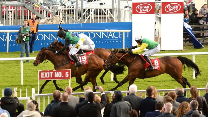 The report  noted over €61,000 was spent on the Galway races over the three years between 2015 and 2017. Here Katie Harrington salutes as she and Modem win the Connacht Hotel Handicap race from Awsome Star and Ted Veale at the 2015 Galway races.Photograph: Cyril Byrne/The Irish Times