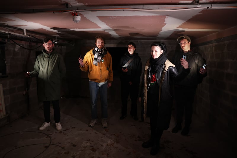 Apocalypse Anxieties: Tom O’Dea, Frank Sweeney, Léann Herlihy, Aideen Barry and Christopher Steenson at the shelter under Custume Barracks in Athlone. Photograph: Dara Mac Dónaill