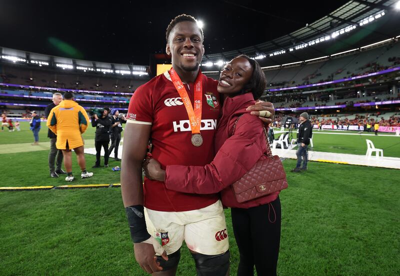 Lions captain Maro Itoje celebrates with his wife Mimi at the MCG. Photograph: David Rogers/Getty Images