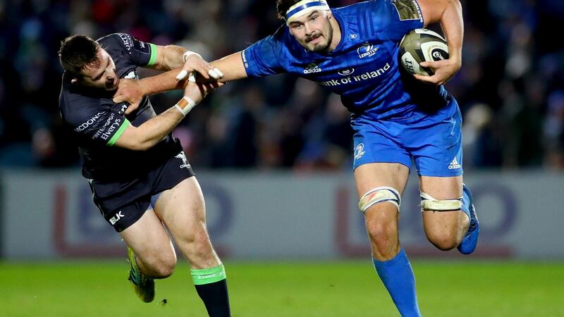 Max Deegan, who had a superb game, holds off  Connacht’s Caolin Blade at the , RDS. Photograph: James Crombie/Inpho