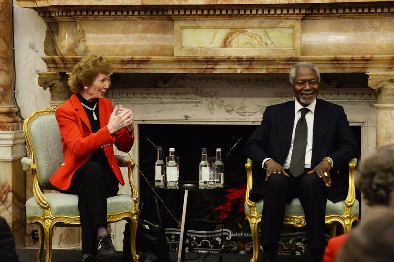 Mary Robinson, then United Nations special representative for international migration, at a symposium with Kofi Annan, former UN secretary general, in December 2015. Photograph: Cyril Byrne