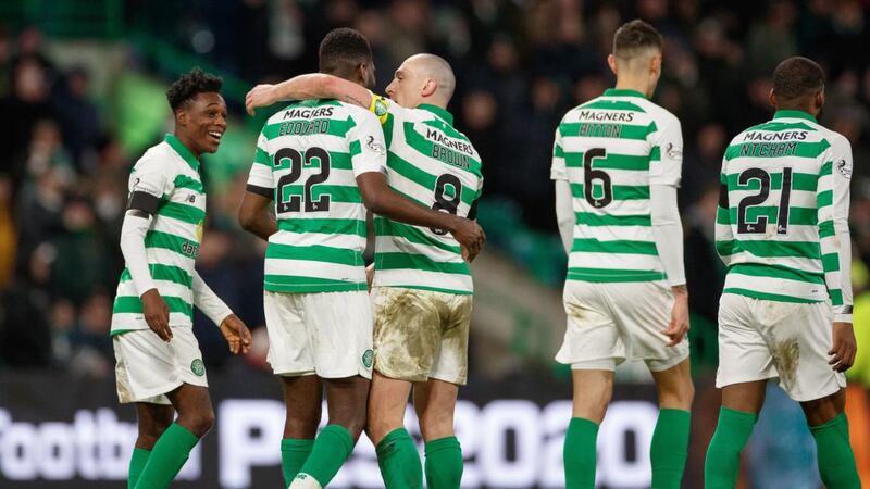 Celtic’s Odsonne Edouard celebrates scoring his side’s second goal against Hibs. Photograph: Steve Welsh/PA