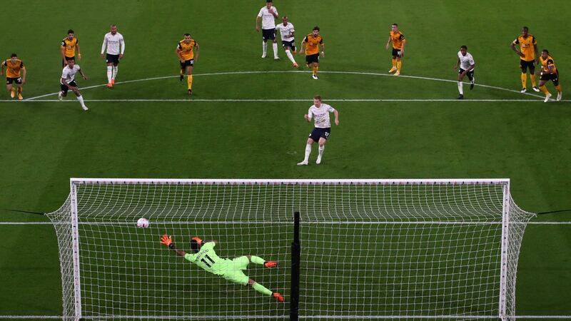 Kevin De Bruyne opens the scoring for Manchester City against Wolves. Photograph: Nick Potts/Getty/AFP