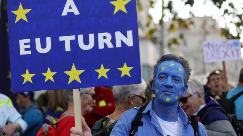 A demonstrator  wearing face paint in a European Union  flag design attends the  anti-Brexit People’s Vote march, in London on Saturday. Photograph: Chris Ratcliffe/Bloomberg.