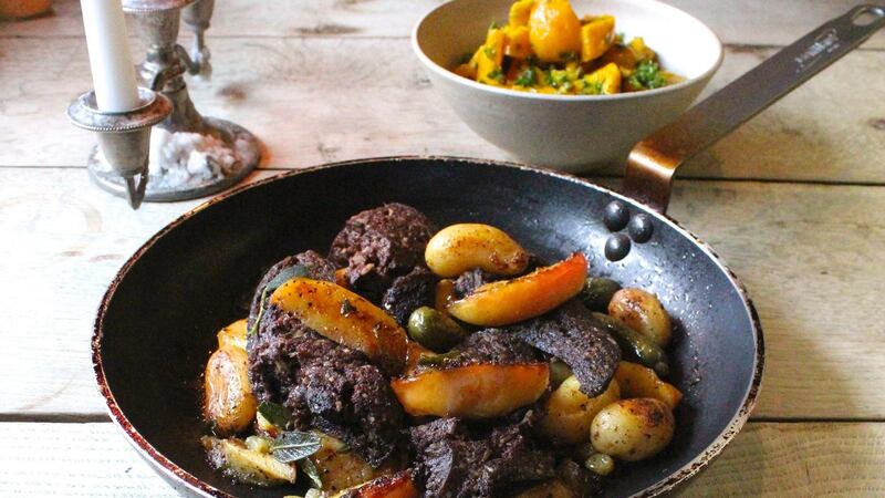 Yesterdays potatoes, Johns blood sausage and roasted apples