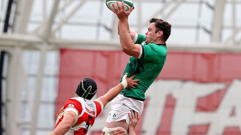 James Ryan leaps to take a lineout during Ireland’s win over Japan. Photograph: Bryan Keane/Inpho
