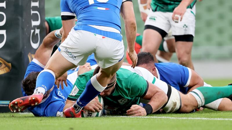 CJ Stander touches down in Ireland’s bonus point win over Italy. Photograph: Dan Sheridan/Inpho
