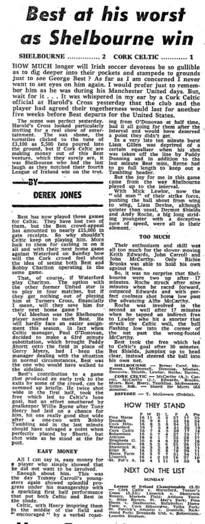 The Irish Times report from the day after Best played in Dublin against Shels. Photo: The Irish Times archive
