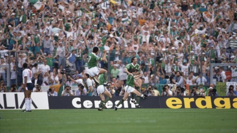 Ireland celebrate Ray  Houghton’s winner against England in 1988. Photograph: Getty