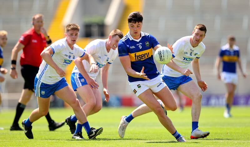 Tipperary’s Conall Kennedy and Conor Murray of Waterford during the Tailteann Cup clash at Páirc Uí Chaoimh on Saturday. Photograph: Ryan Byrne/Inpho