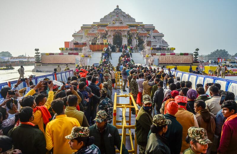 Devotees queue to view a statue of the Hindu god Ram after the  consecration ceremony of the Ram Mandir temple at Ayodhya in north India in January. Photograph: Ritesh Shukla/Getty Images
