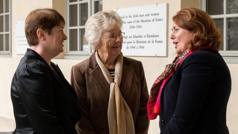 Relatives of French resistance member Sr Katherine McCarthy, (l-r) Fiona McCarthy, grandniece, Jo Jewson, niece, and Caitriona Hayes, grandniece, at the ceremony in Paris yesterday.  Photograph: Des Harris/Picture Desk