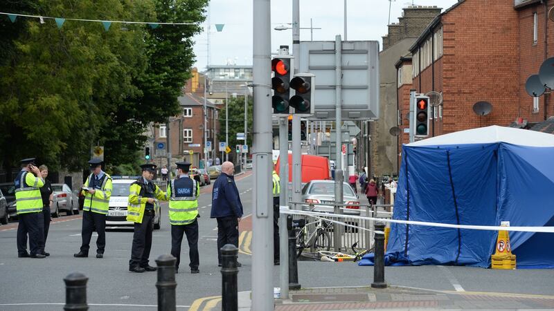Emergency services at the scene where a cyclist was killed in Dublin on Tuesday. Photograph: Dara Mac Dónaill/The Irish Times