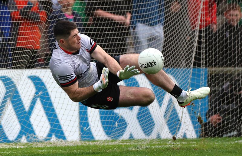 Derry’s Odhran Lynch saves a penalty from Ryan O'Donoghue of Mayo in last year's All-Ireland preliminary quarter-final in Castlebar. Photograph: James Crombie/Inpho