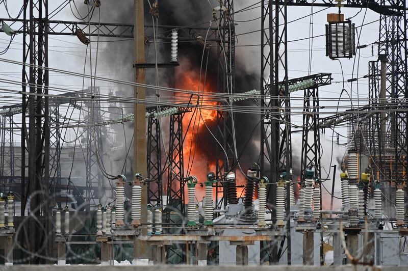 A fire at an electrical substation after a  missile attack in Kharkiv on Friday. Photograph: Sergey Bobok/ AFP via Getty Images