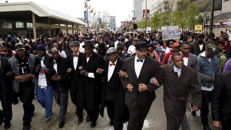 Protesters march to City Hall in Baltimore to show their disgust over  the death of Freddie Gray in police custody. Photograph: Sait Serkan Gurbuz/Reuters.