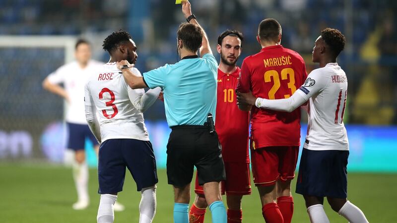 Tempers flare at the end of England’s 5-1 win over Montenegro. Photograph: Nick Potta/PA
