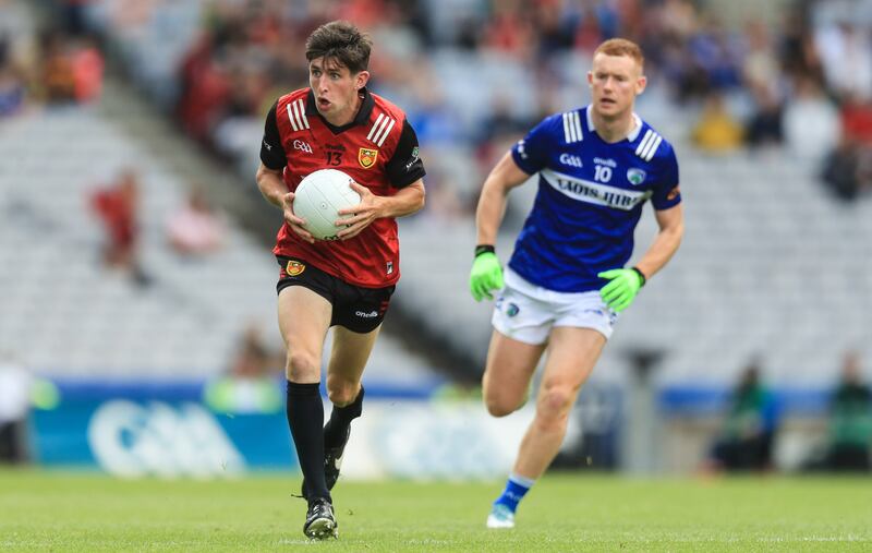 Down’s Eugene Branagan with Colm Murphy of Laois during the Tailteann Cup semi-final. Photograph: Evan Treacy/Inpho