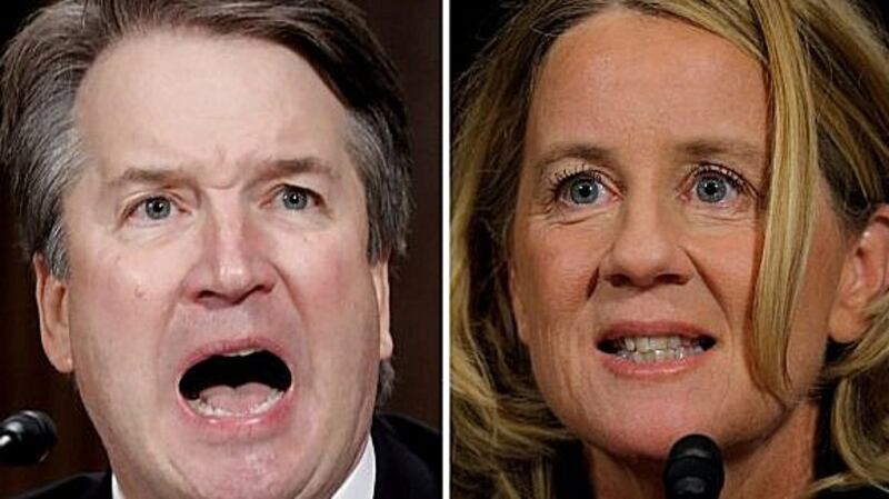US Supreme Court nominee Brett Kavanaugh and Dr Christine Blasey Ford during their testimony in Washington. Photograph: Jim Bourg/Reuters