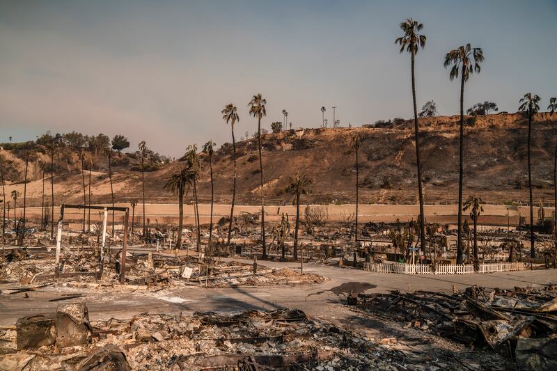 The remains of the Pacific Palisades Bowl Mobile Estates. Photograph: Ariana Drehsler/The New York Times
                      