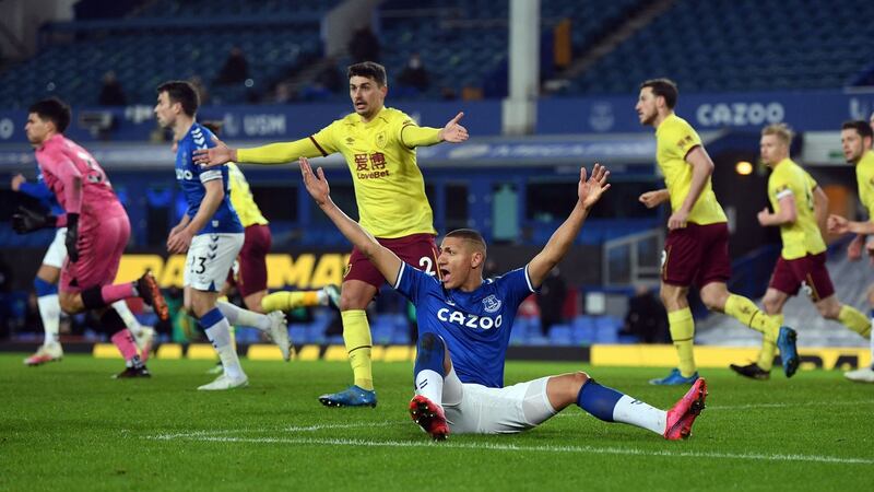 Everton’s Brazilian striker Richarlison appeals for a foul during his side’s 2-1 defeat to Burnley. Photograph: Gareth Copley/Getty/AFP