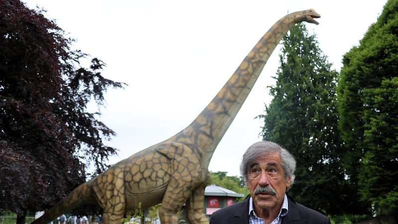 'Dino' Don Lessem behind a brontosaurus which he designed as part of the Zoorassic Trail in Dublin Zoo.