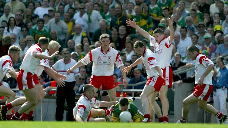 Tyrone swarm Kerry in the 2003 final at Croke Park. Photograph: Morgan Treacy/Inpho