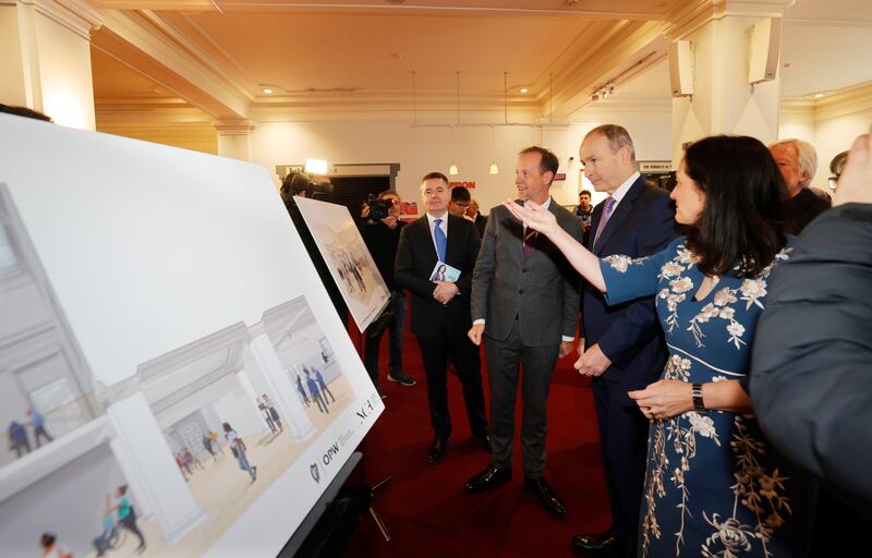 National Concert Hall chief executive Robert Read, Taoiseach Micheál Martin, and Ministers Catherine Martin and Paschal Donohoe examine plans for the redevelopment of the Dublin 2 complex. Photograph: Alan Betson

