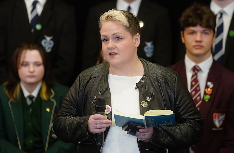 Sara Canning introduces Keir Starmer for the Hume Foundation during a visit to St Columb's College in Derry. Photograph: Brian Lawless