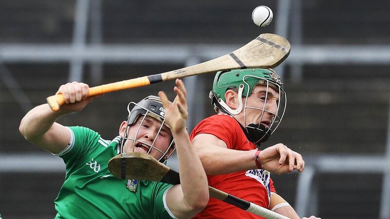 Limerick’s Mikey O’Brien and Aidan Walsh of Cork in action during the Allianz Hurling League Division 1A match at the  Gaelic Grounds in  Limerick. Photograph: Lorraine O’Sullivan/Inpho