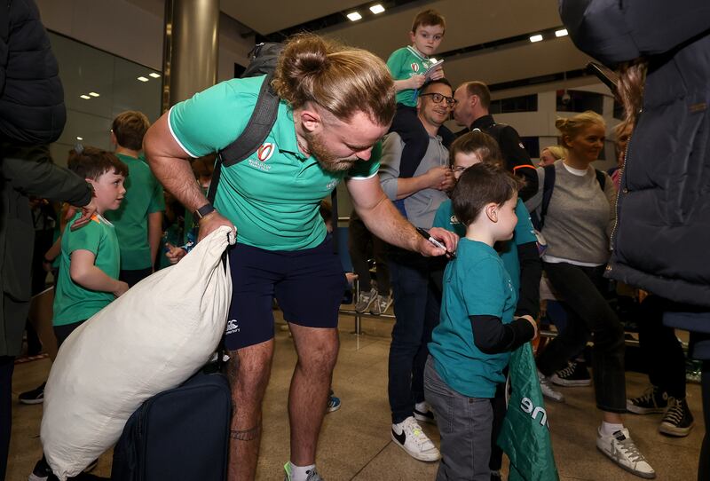Ireland’s Finlay Bealham signs autographs for fans. Photograph: INPHO/Ben Brady